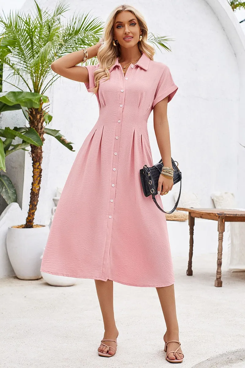 Polished Button-Up Waist Cinch Midi