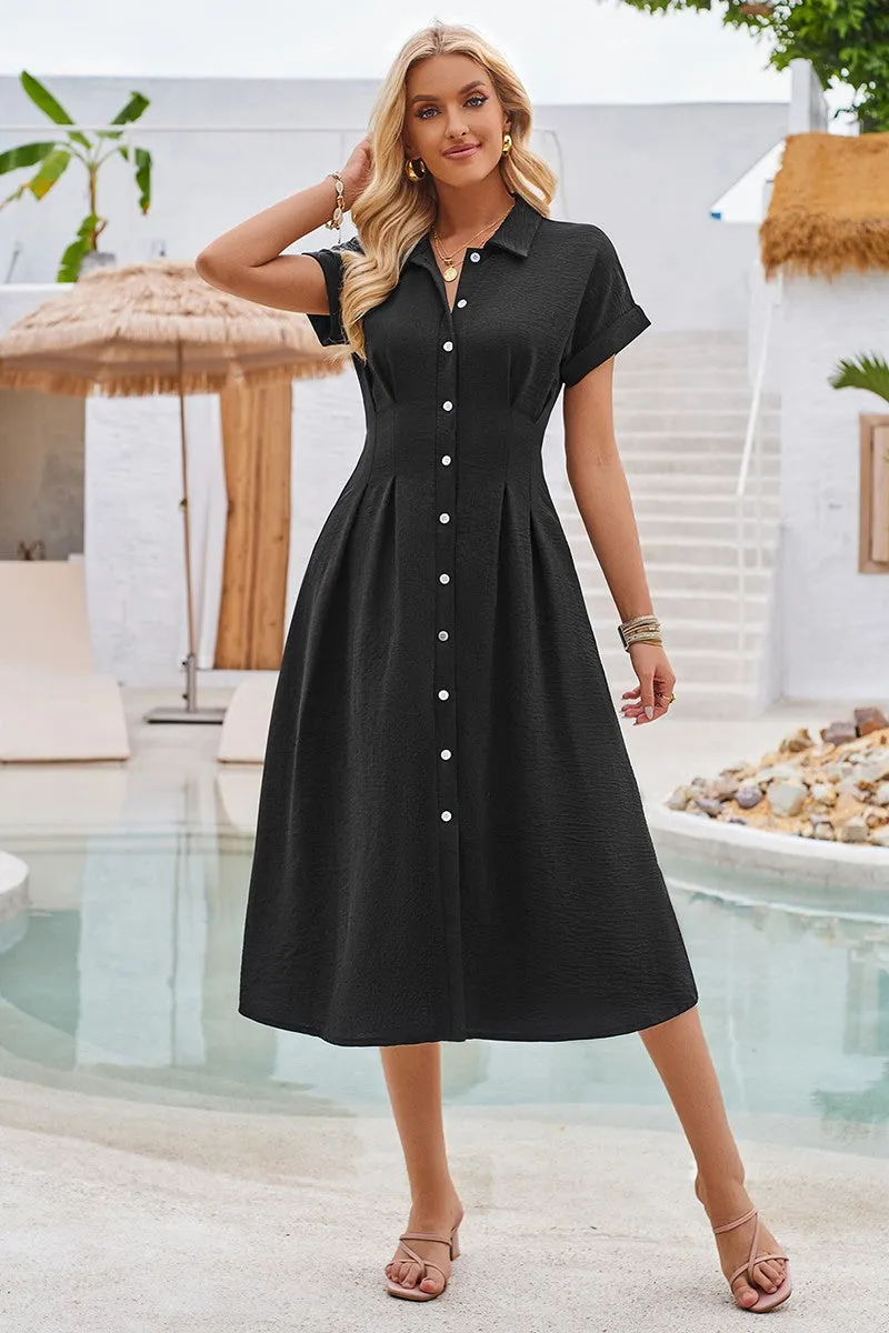 Polished Button-Up Waist Cinch Midi