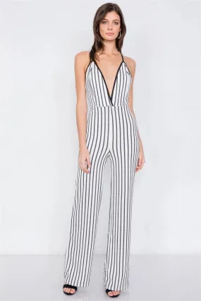Trim Stripe V-Neck Criss-Cross Strap Back Jumpsuit