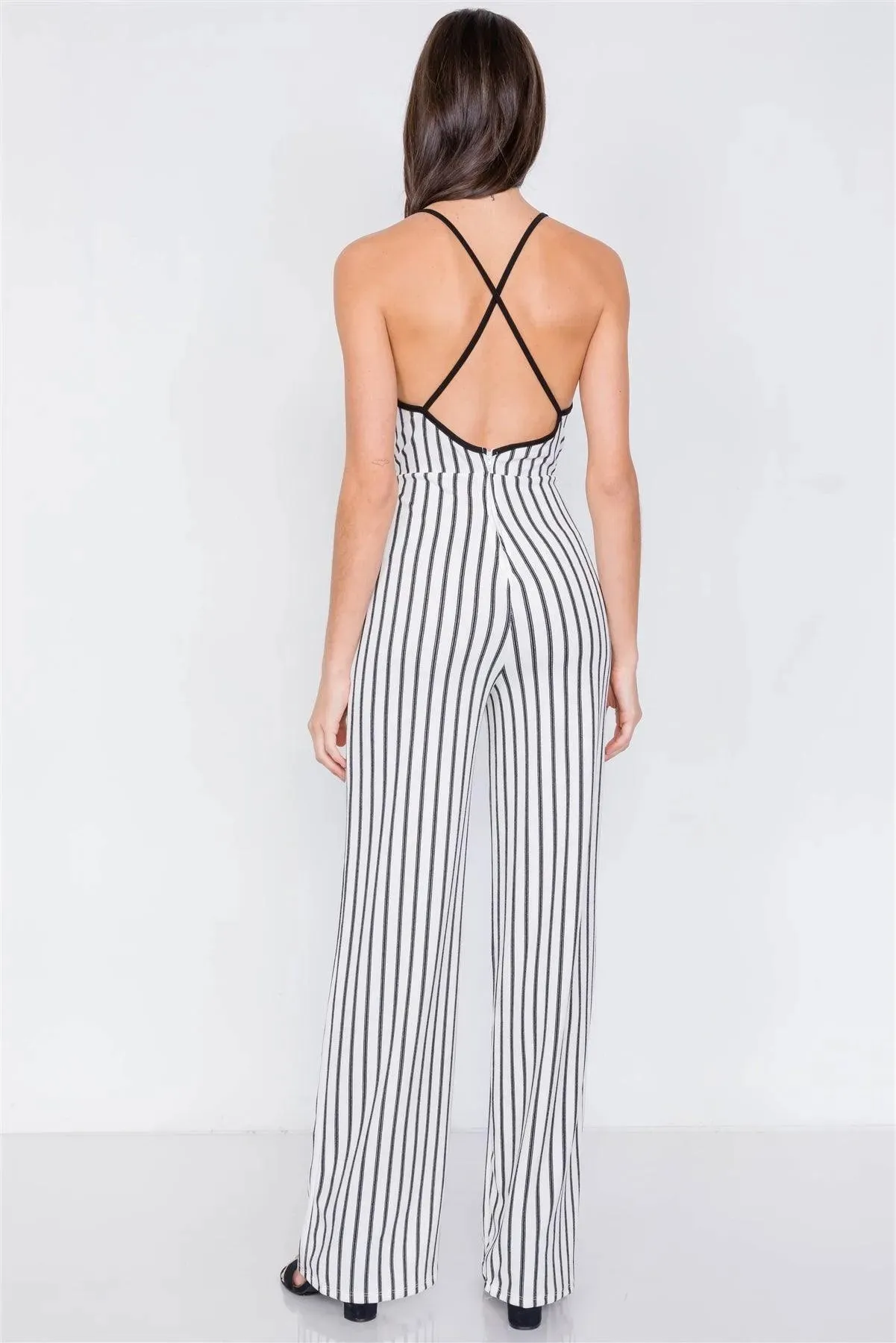 Trim Stripe V-Neck Criss-Cross Strap Back Jumpsuit