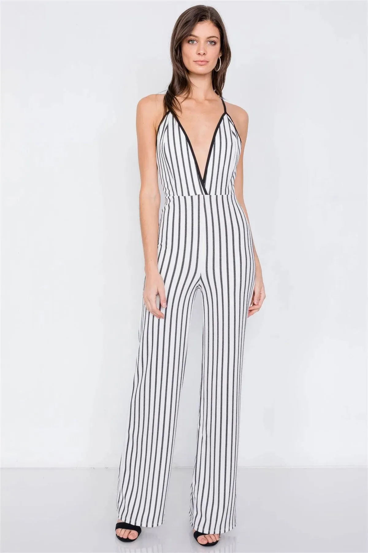Trim Stripe V-Neck Criss-Cross Strap Back Jumpsuit