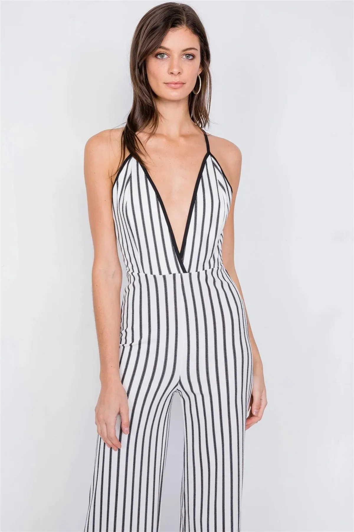 Trim Stripe V-Neck Criss-Cross Strap Back Jumpsuit